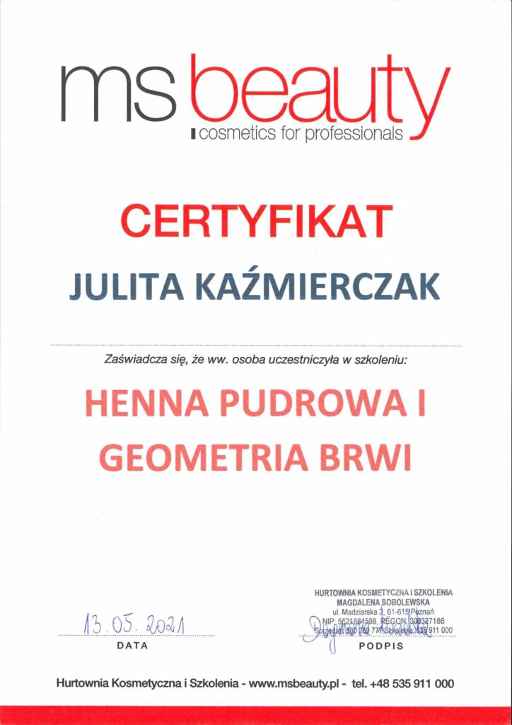 Certyfikat Hena pudrowa i geometria brwi